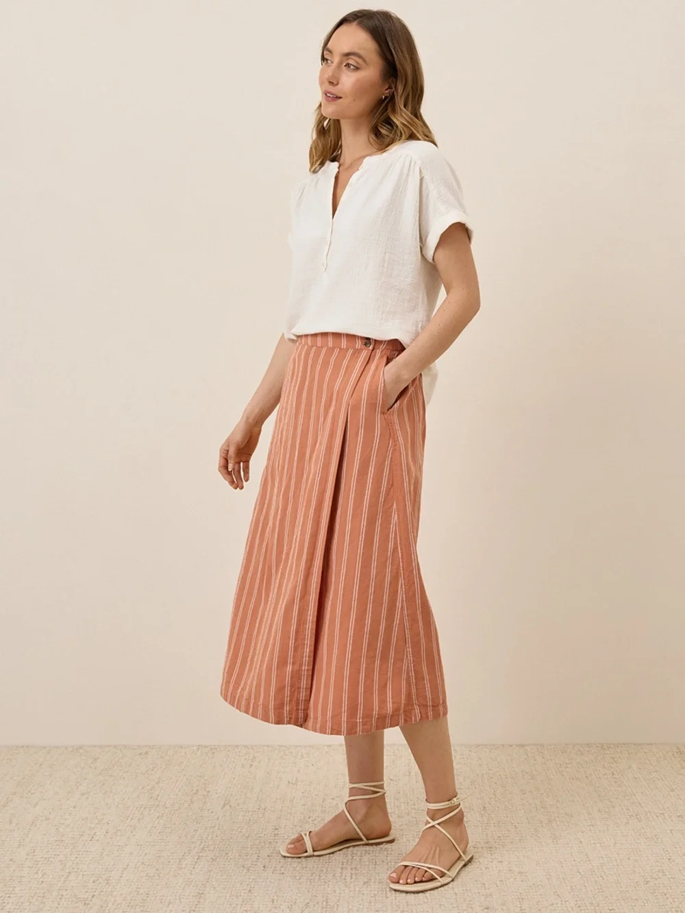 Pact Rust Orange Striped Midi Skirt Organic - Size M